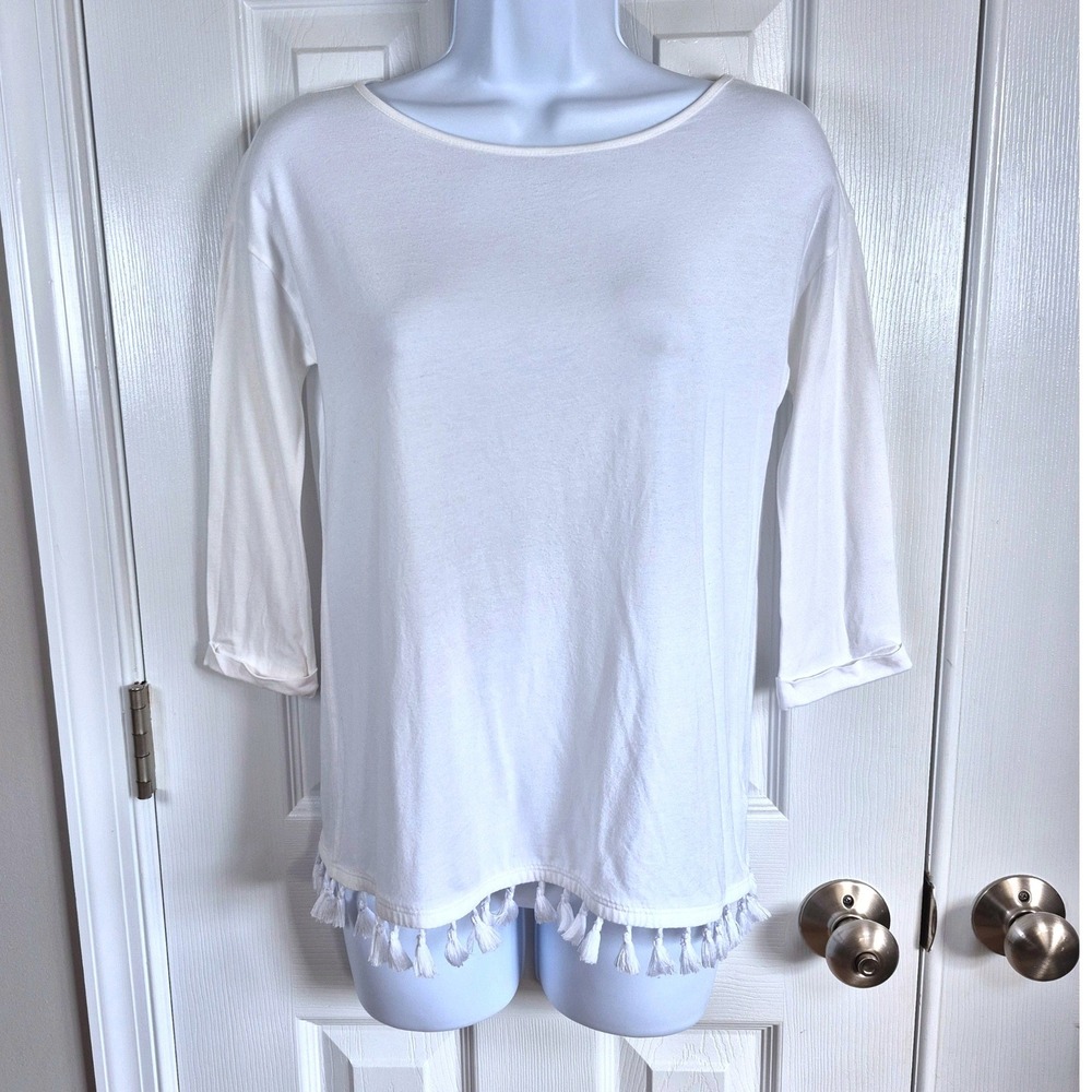 Lilly Pulitzer white half sleeve tee shirt with tassel‎ fringe women's XXS